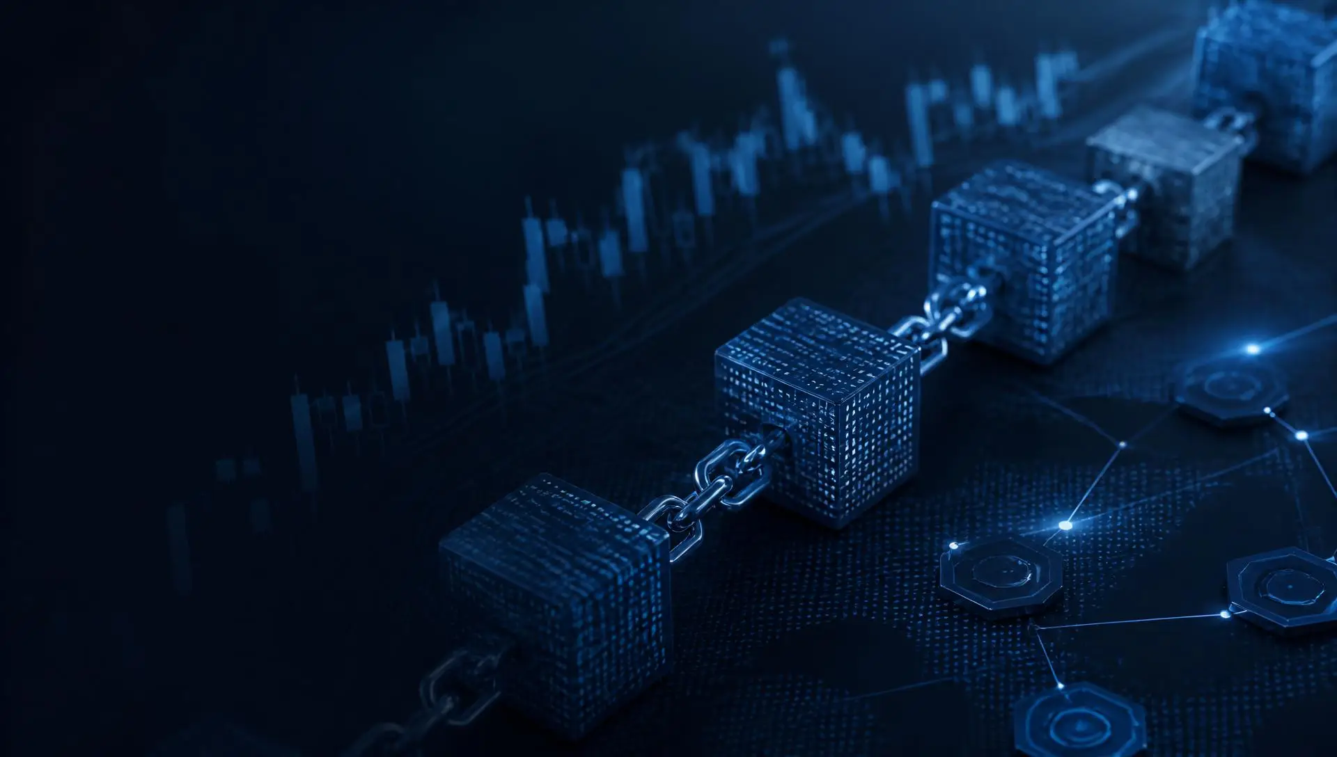 Blockchain ledger blocks linked over financial market data